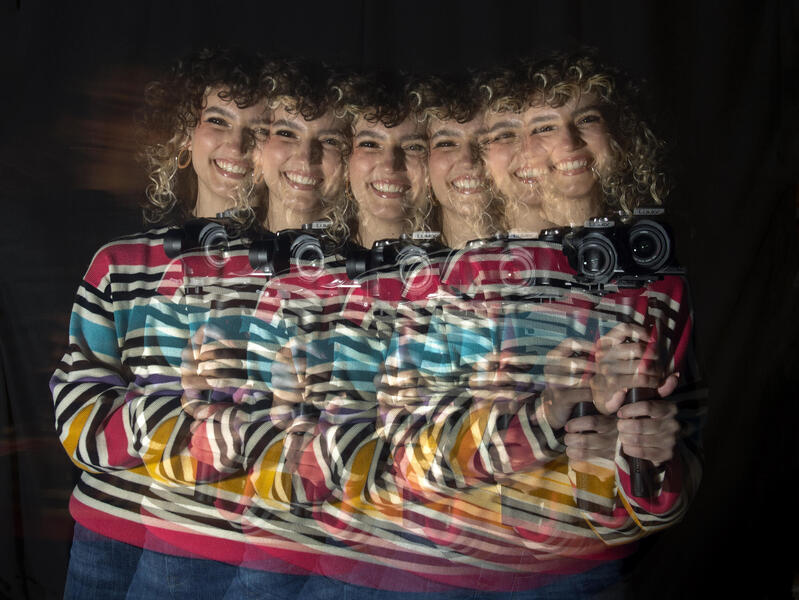 Nine portraits of Taylor Colimore layered over each other from left to right 