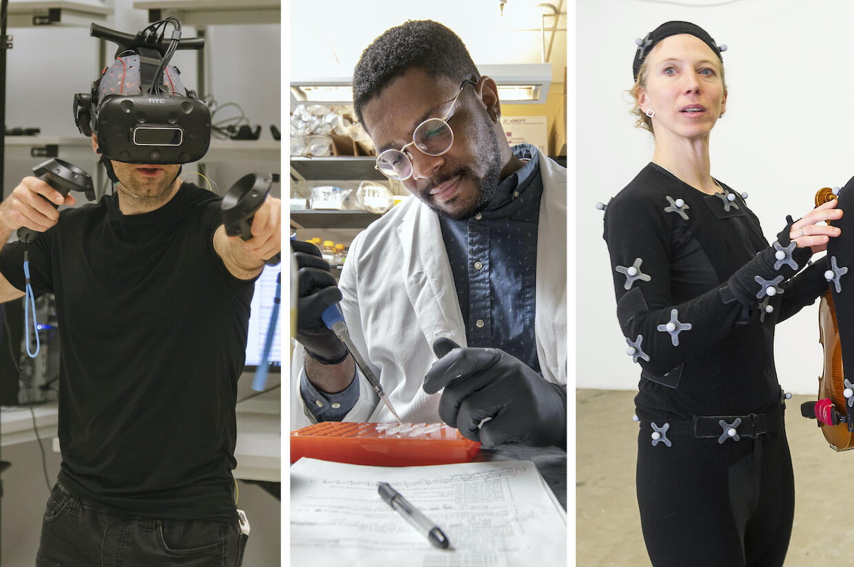 From left to right, a photo of a man in a virtual reality device gesturing as though punching, a man in a white lab coat using a pipette, and a woman in a motion-capture outfit holding a violin.