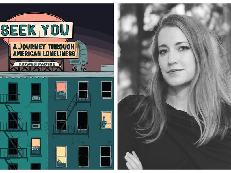 A book cover next to the portrait of a woman 