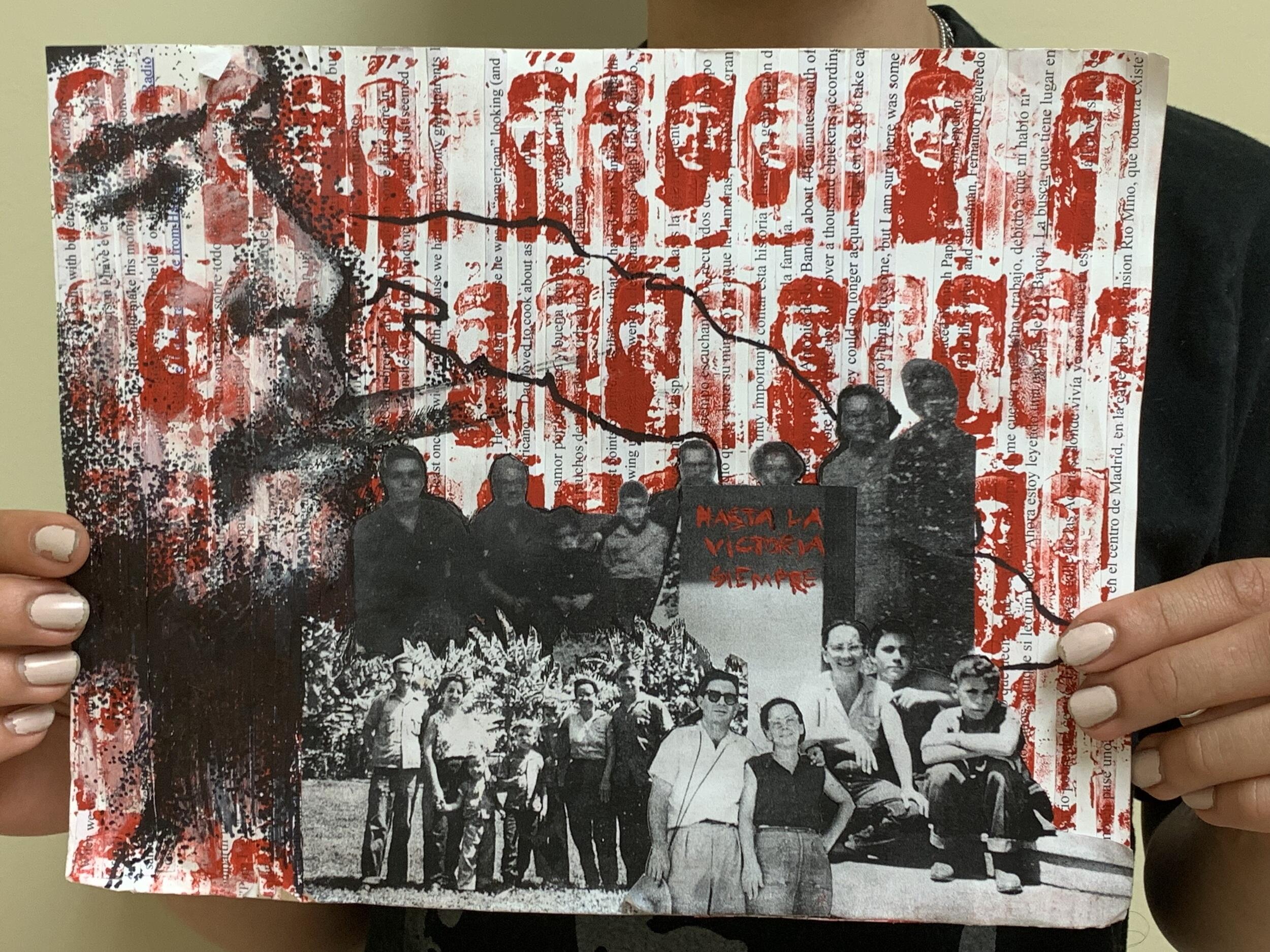 Collage con un fondo rojo estampado con recortes en blanco y negro de las fotos en la parte superior. 