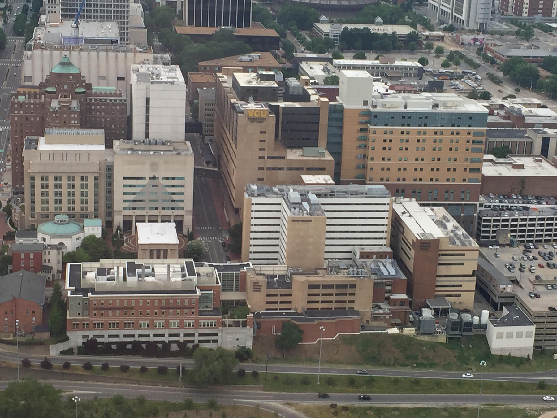 A view of downtown Richmond and VCU Medical Center from the helicopter.