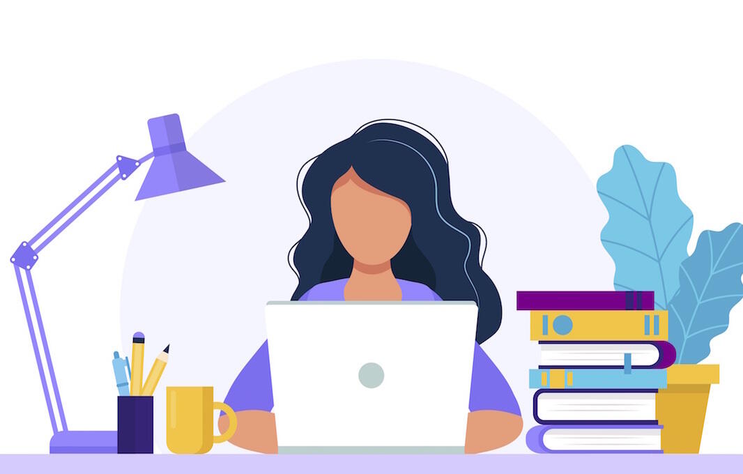 A drawing of a person sitting at a desk on a laptop computer.