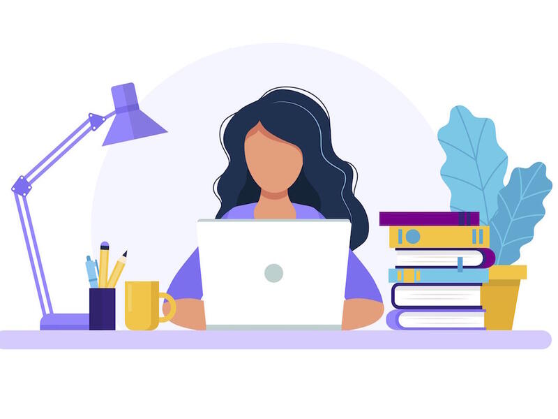 A drawing of a person sitting at a desk on a laptop computer.