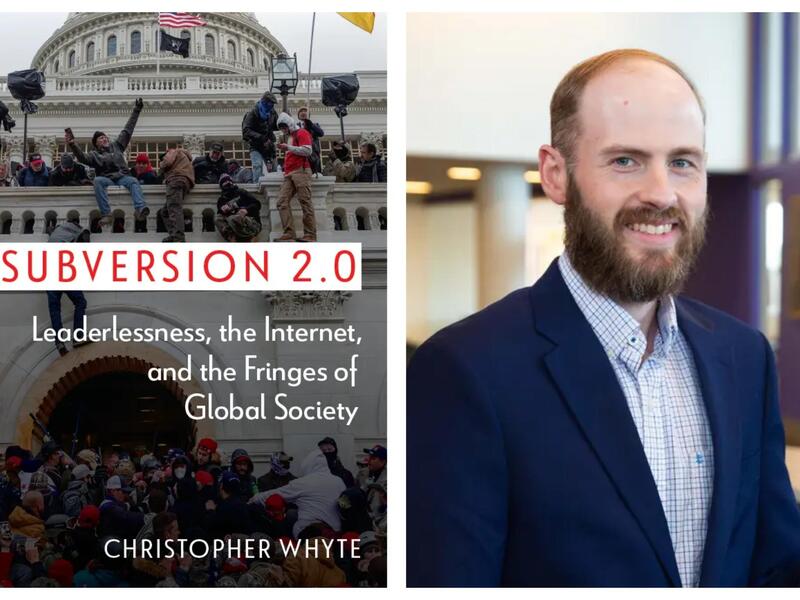 A photo of a book cover next to a photo of a man. The book cover says \"SUBVERSION 2.0 Leaderlessness, the Internet, and the Fringes of Global Society CHRISTOPHER WHYTE.\" The book cover has a photo of the January 6 attack on the U.S. Capitol. The photo of the man on the right shows a man from the chest up wearing a sports coat and a button up shirt. 