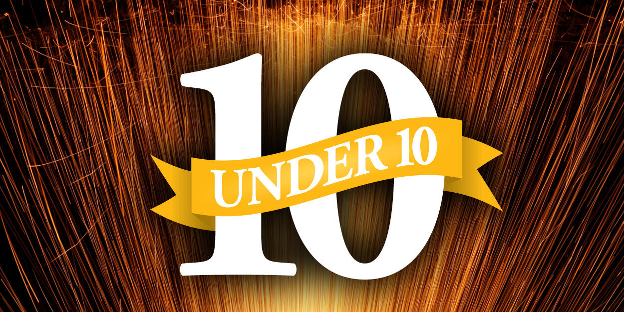 A graphic that has a large white number 10 with a yellow ribbon over it that says \"under 10\" in white letters. 