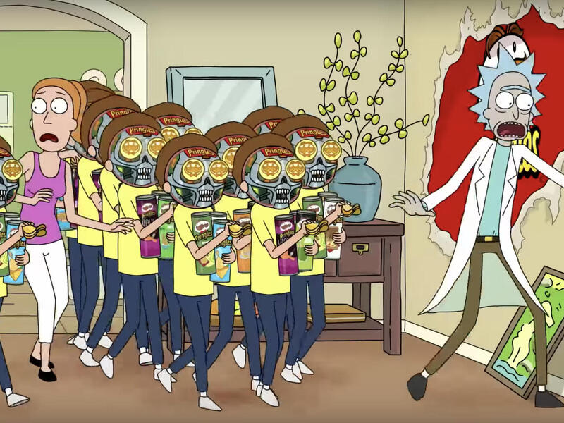 A still from a Pringles ad featuring Rick and Morty.