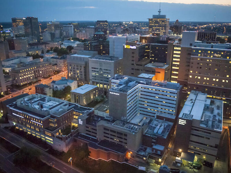 An areal photo of the MVC campus lit up at twilight 