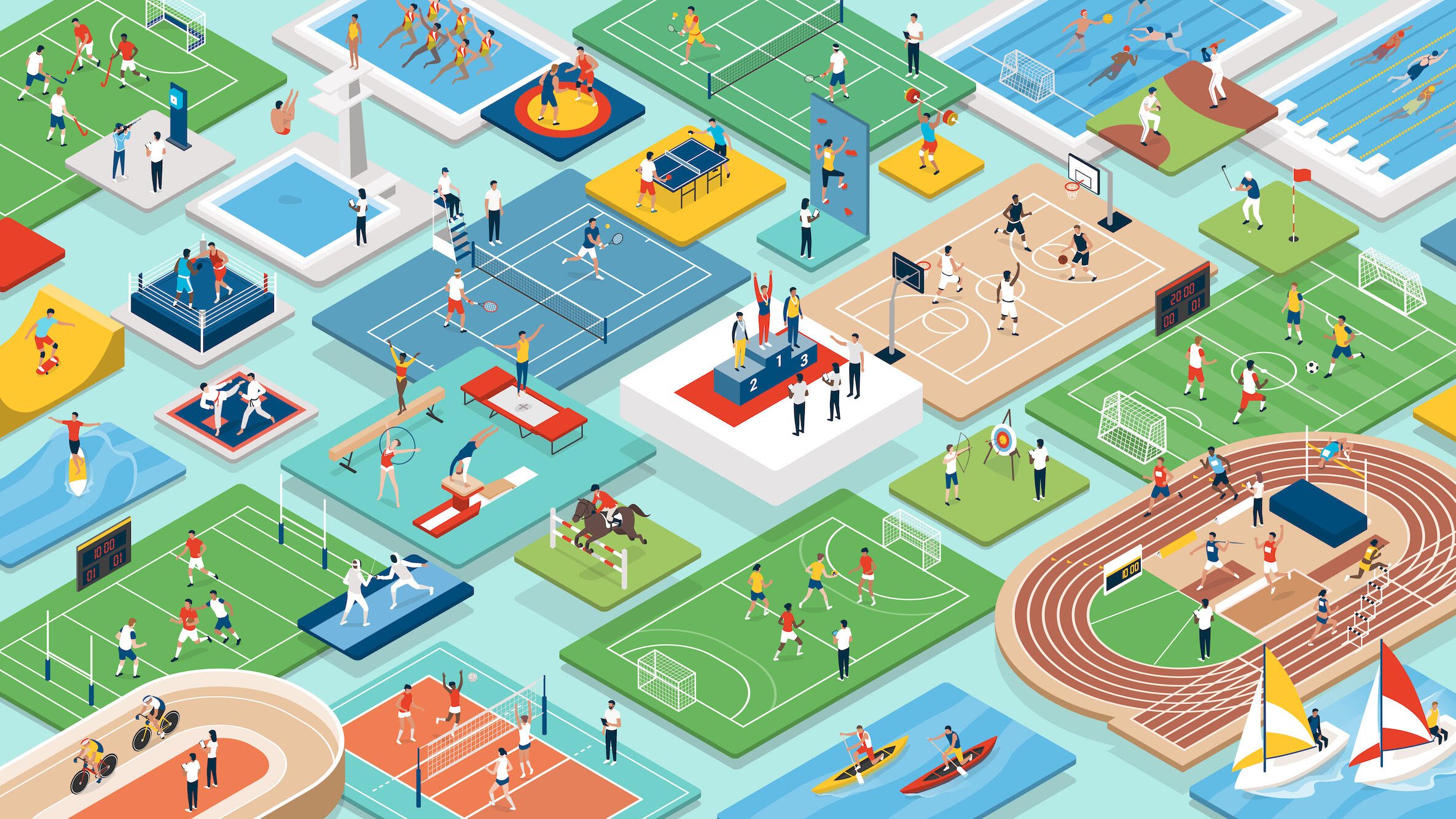 conceptual illustration of olympic sports, with tiles arranged on a board and athletes competing in events on each tile