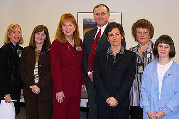 From left: Maria Curran, director of human resources for the VCU Health System; Cathy Pond, executive director of the Richmond YWCA; Susan Kornstein, a professor of psychiatry at VCU Health System; John Duval, CEO of MCV Hospitals; Diane Abato, deputy commonwealth's attorney for the city of Richmond; Janett Forte, assistant professor of psychiatry and coordinator of the VCU Institute for Women's Health; and Susan Carson, clinical nurse in the forensic nursing department at VCU Medical Center. 

Photo courtesy VCU Institute for Women's Health