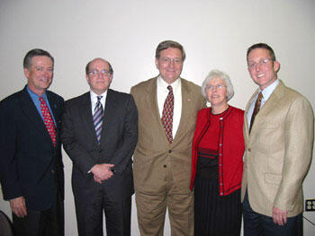 From left, William F. Jessee, M.D., president and CEO of Medical Group Management Association, Mike Jurgensen, director of health policy and medical economics, Medical Society of Virginia, Del. John M. O'Bannon, M.D., VCU Health System Board of Directors and partner in Neurological Associates, Pat Randall, administrator, Colonial Orthopaedics, and Bill Lueck, executive director of operations, Virginia Cardiovascular Specialists reviewed the impact that House Bill 1441 will have on physicians, health care administrators and licensure in the Commonwealth.

Photo by Michael Ford, University News Services