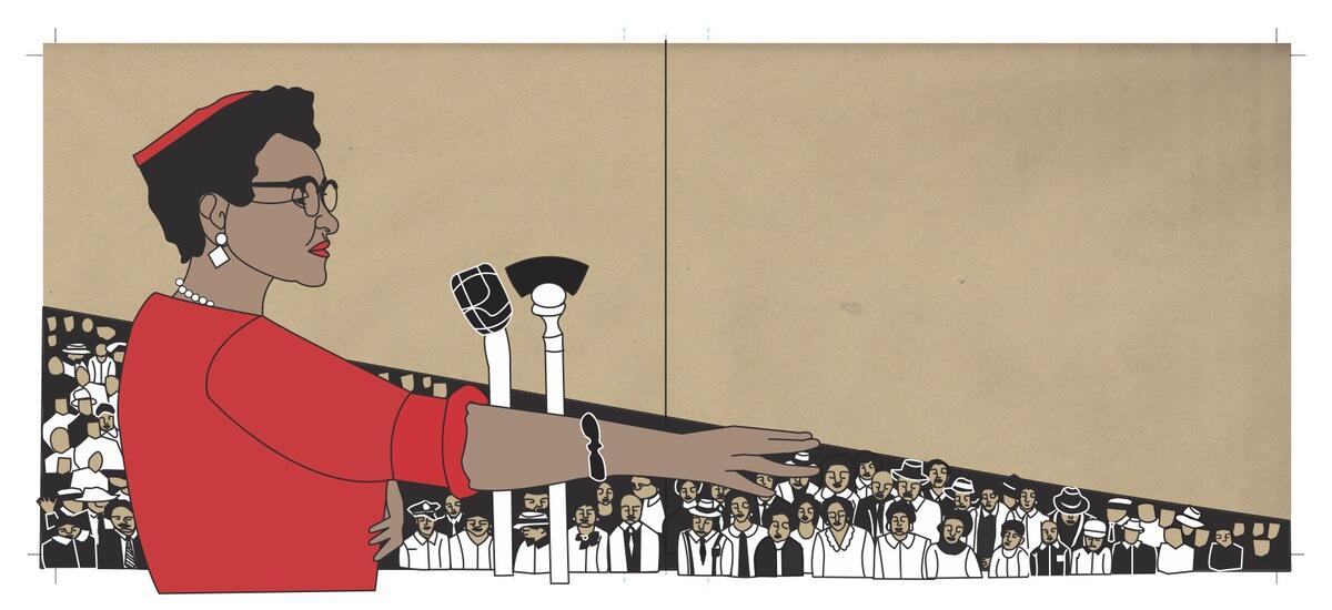 An illustration of a woman wearing read speaking into microphones in front of a crowd. 