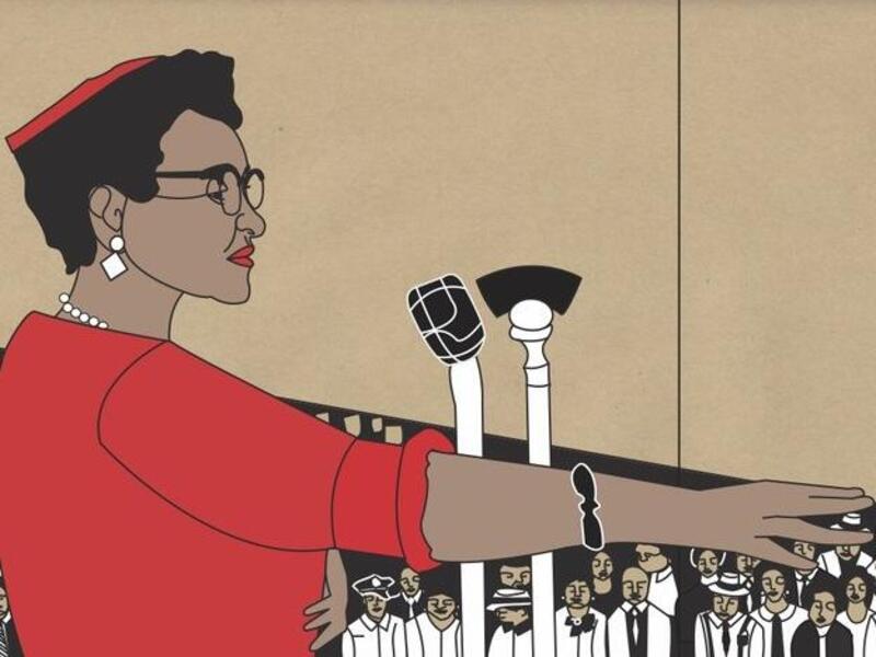 An illustration of a woman wearing read speaking into microphones in front of a crowd. 