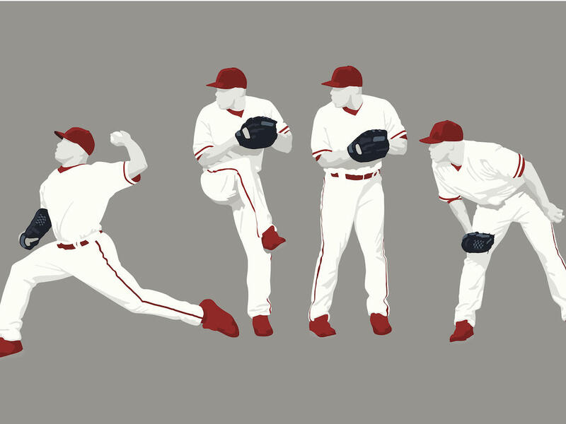 A series of still images of the stages of a baseball pitcher throwing a pitch