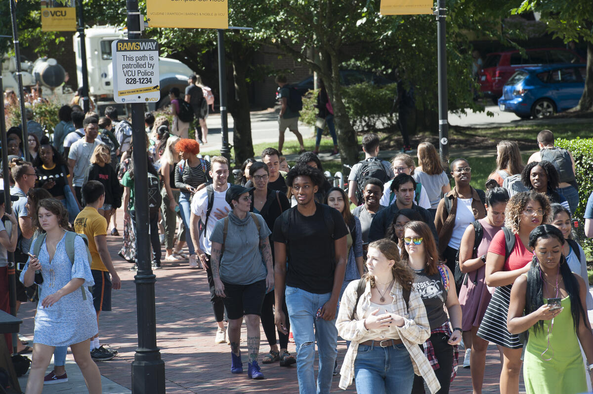 Students walking on the Monroe Park Campus of Virginia Commonwealth University 