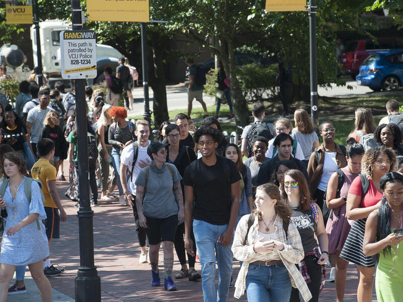 Students walking on the Monroe Park Campus of Virginia Commonwealth University 