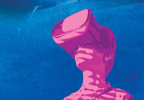 An illustration of a boy wearing virtual reality goggles. 