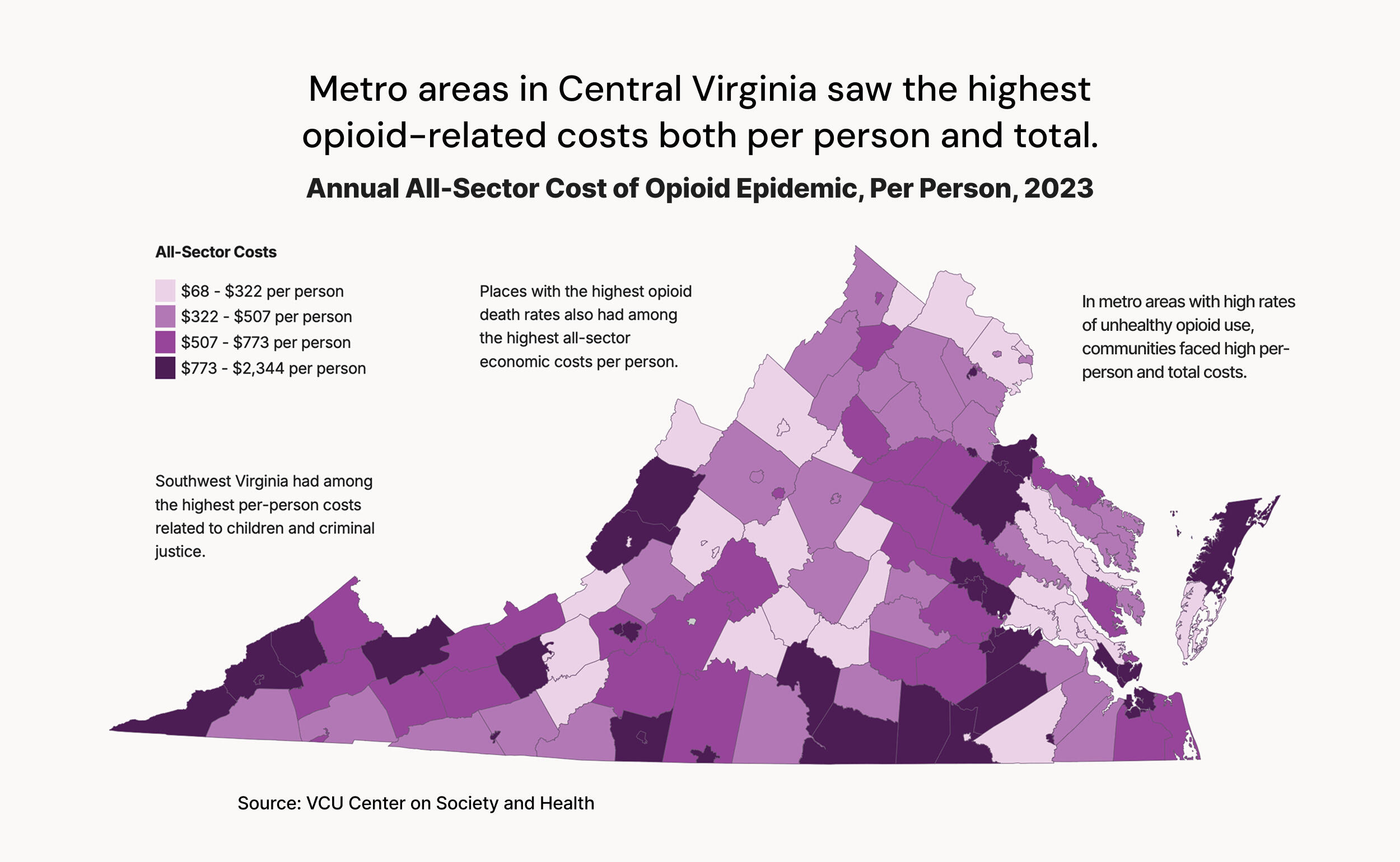 A graphic shows opioid-related costs in different metro areas in Virginia.