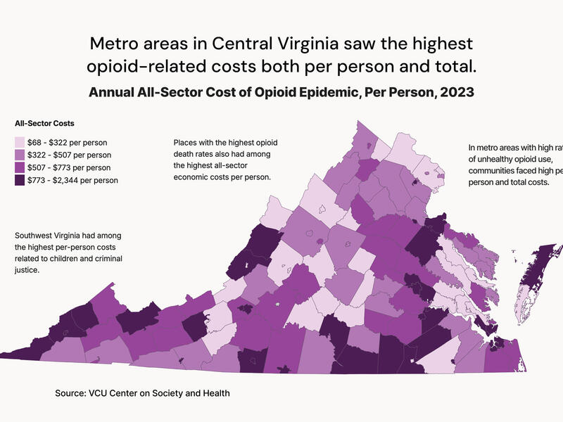 A graphic shows opioid-related costs in different metro areas in Virginia.