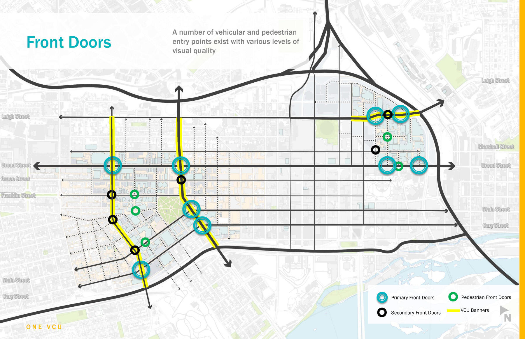 Overhead city map showing the Monroe Park and MCV Campuses.