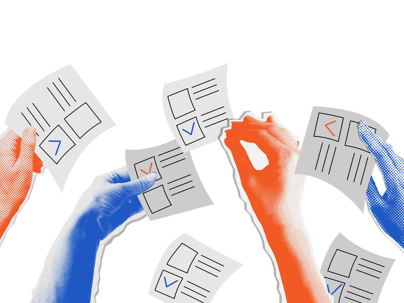  A picture of red and blue hands and forearms holding slips of paper with boxes on them.