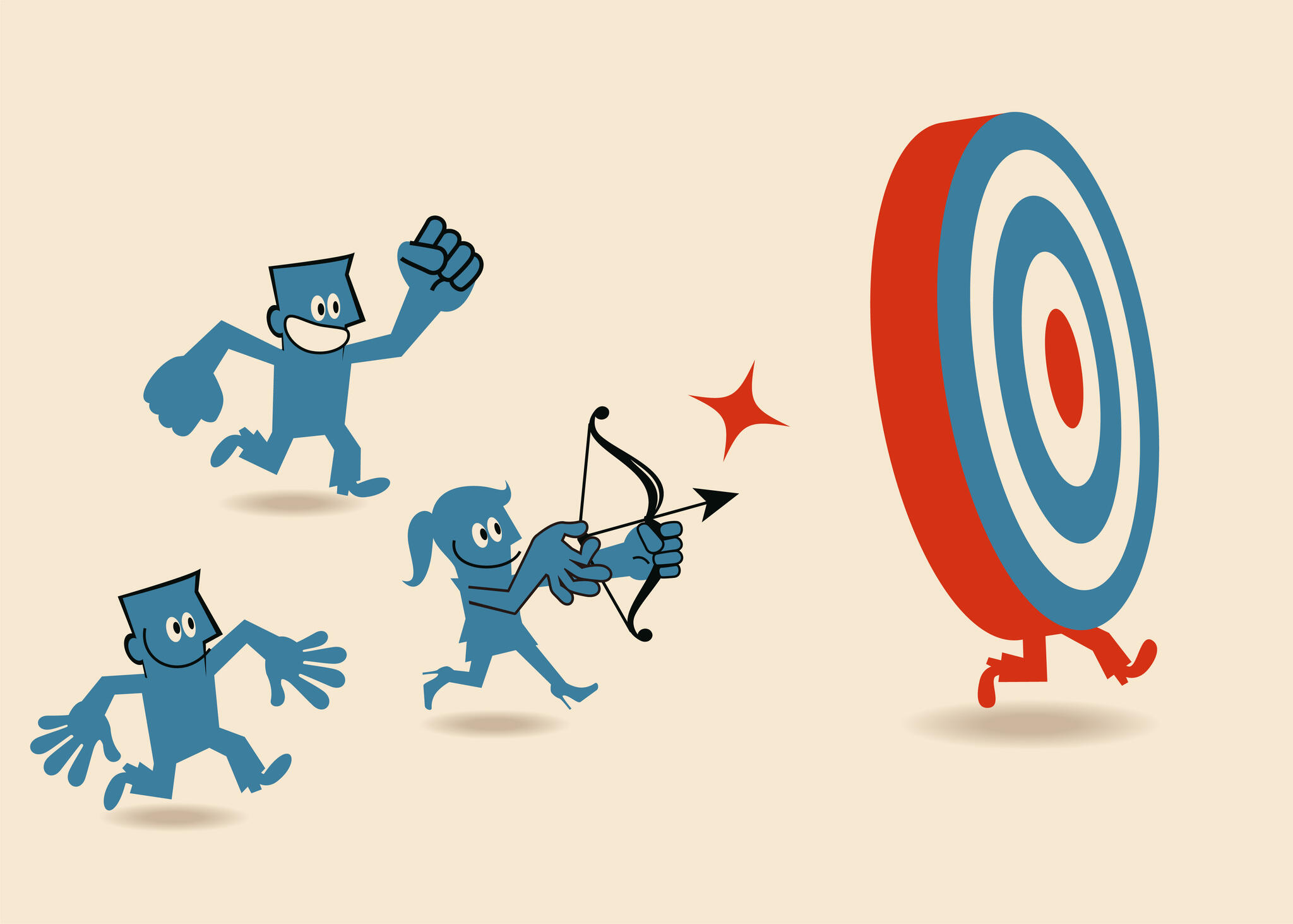 Three animated figures pursue a running target.