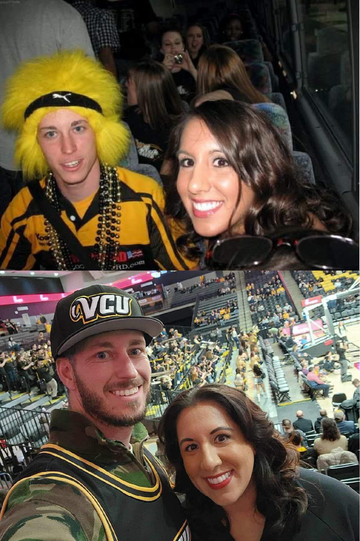 On the top is a photo of a man and a woman at a basketball game. On the bottom is an image of the same people but older