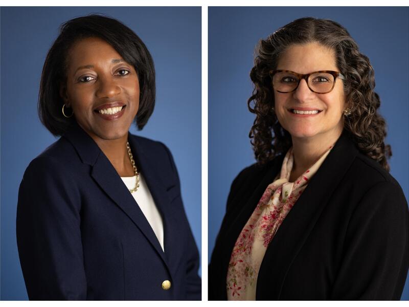 Two photo of women from the chest up side by side. 