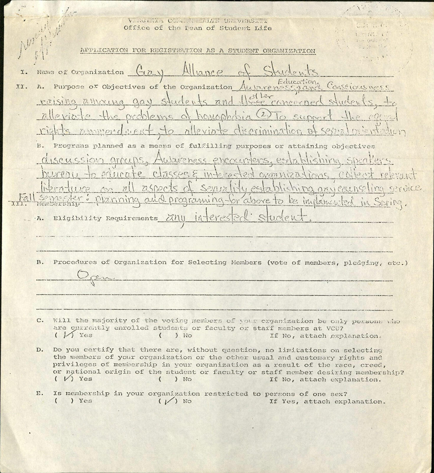 Gay Alliance of Students’ application to VCU to be recognized as an official student organization, signed by Brenda Kriegel, Oct. 2, 1974.
<br>Source: The VCU Gay Alliance of Students Collection, 1974-1976, a collection in Special Collections and Archives, James Branch Cabell Library
