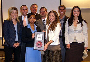 First row: (left to right) Elisabeth Vanzura, Global Marketing Director of Cadillac; Zoe Bell, VCU Adcenter student; Katherine Capocelli, VCU Adcenter student; Carmen Velazquez, VCU Adcenter student. 
Second row: (left to right) Joe Quattrone, VCU Adcenter student; Slate Donaldson, VCU Adcenter student; John Gasloli, National Advertising Manager of Cadillac. 
Back row: Don Just, professor of Creative Brand Management at the VCU Adcenter.