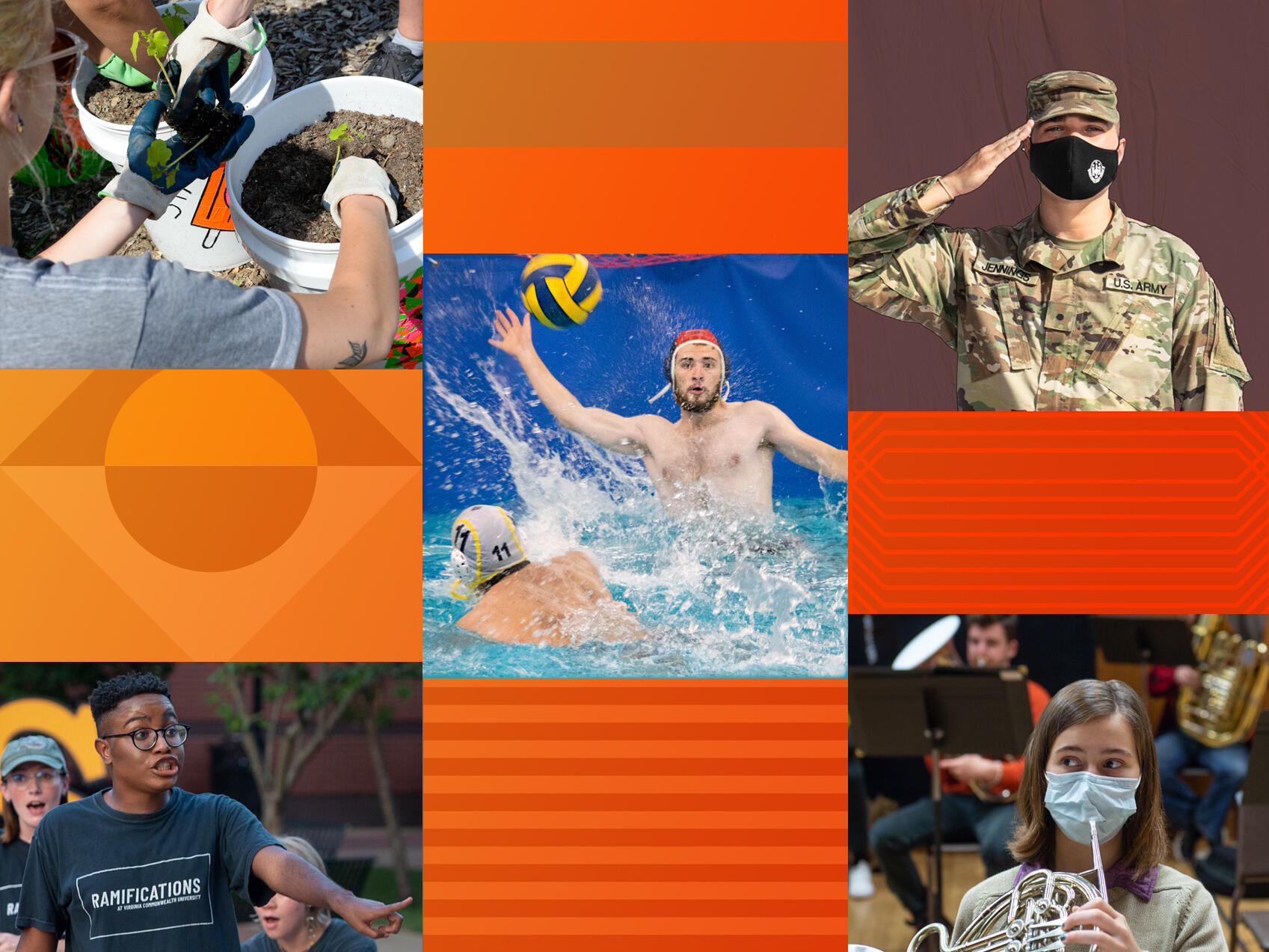 Compilation of photos showing ROTC, music performance, water polo, and gardening.