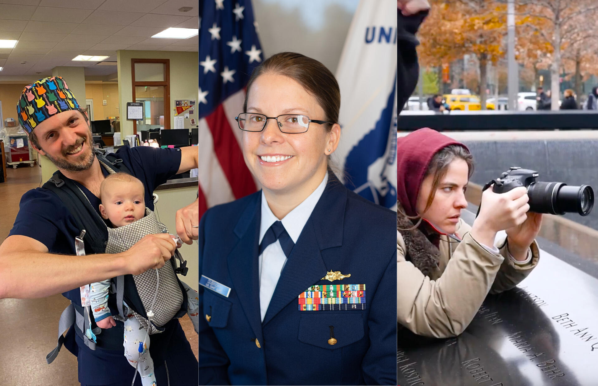 Three photos of three different people. On the far left is a man wearing medical scrubs with a baby strapped to his chest. In the middle is a woman in a military uniform. On the right is a woman taking a photo with a DSLR camera. 