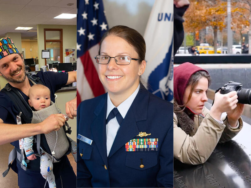 Three photos of three different people. On the far left is a man wearing medical scrubs with a baby strapped to his chest. In the middle is a woman in a military uniform. On the right is a woman taking a photo with a DSLR camera. 