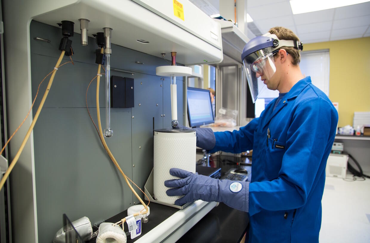 A post-doctoral fellow in chemical and life science engineering, Stanley Gilliland III, Ph.D., in the catalysis lab at Biotech Eight.