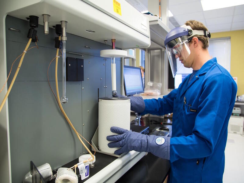 A post-doctoral fellow in chemical and life science engineering, Stanley Gilliland III, Ph.D., in the catalysis lab at Biotech Eight.