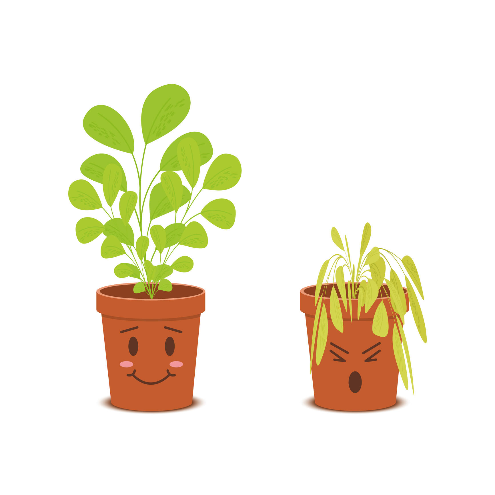 An illustration of two potted plants. The plant on the left is healthy looking and the pot is smiling. The plant on the right is wiliting and the pot is making a distressed expression. 