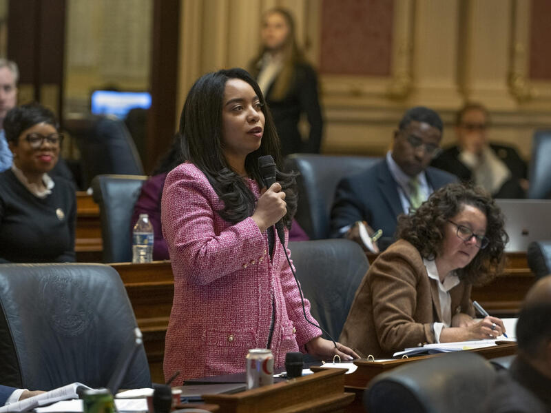 A photo of a woman holding a microphone and speaking on the house floor. 