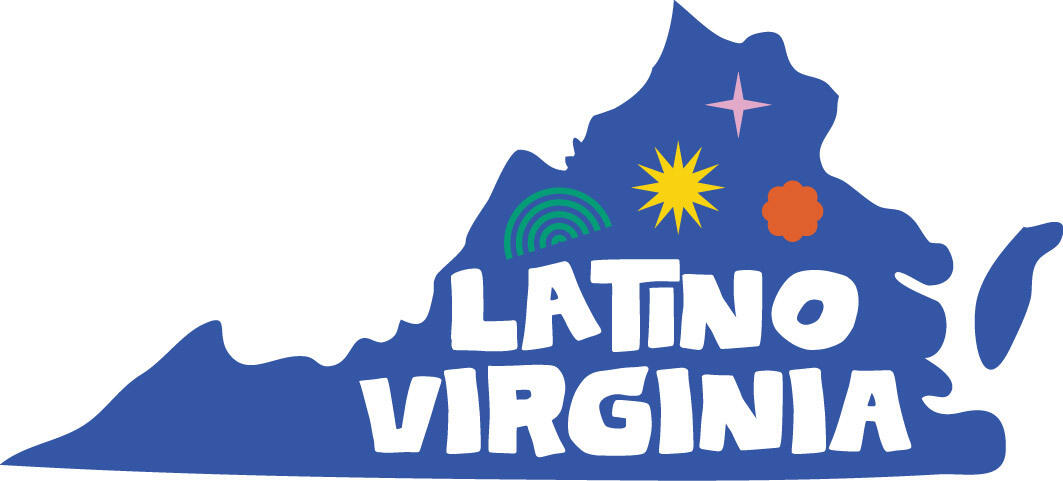 An illustration of the state of Virginia with white text that reads \"LATINO VIRGINIA\"