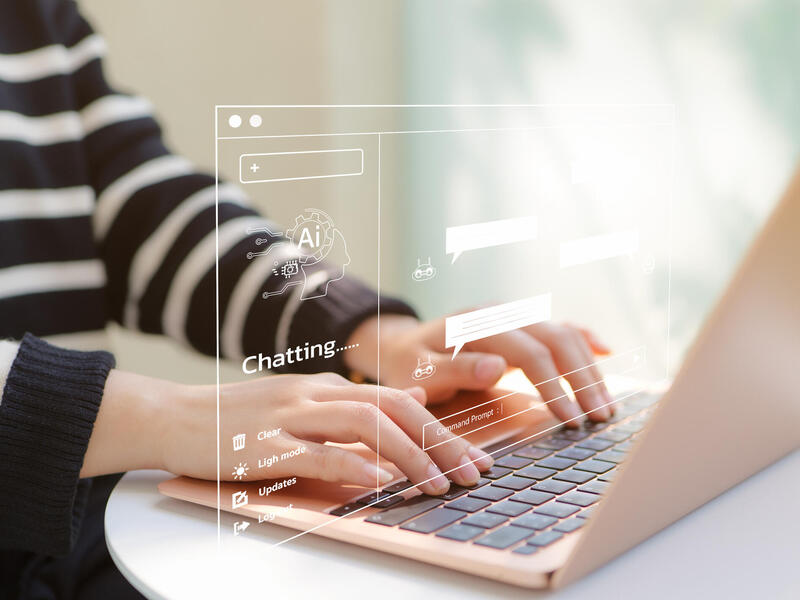 A photo of a person typing on a laptop. Above their hands is a white illustration that shows a computer page with an AI chat bot. 