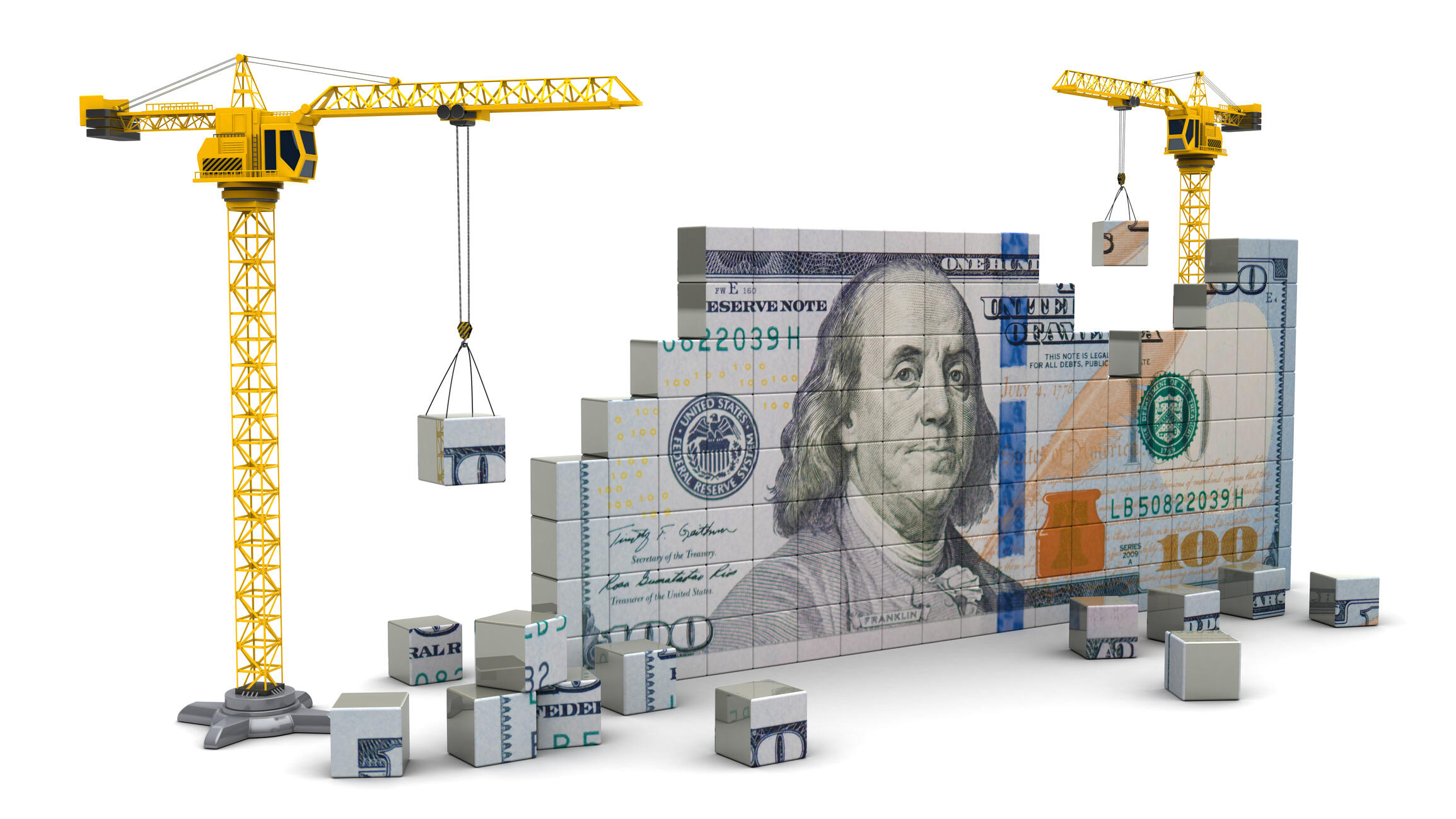 Graphic image of a $100 bill made up of storage containers being assembled by cranes.