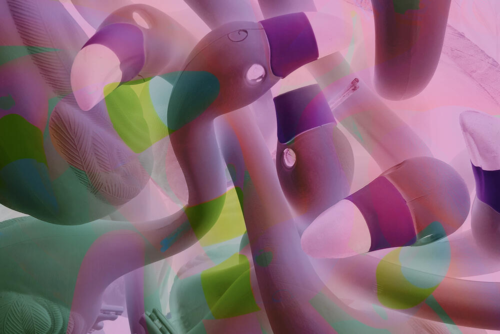 A photo of several flamingo figures intertwined 