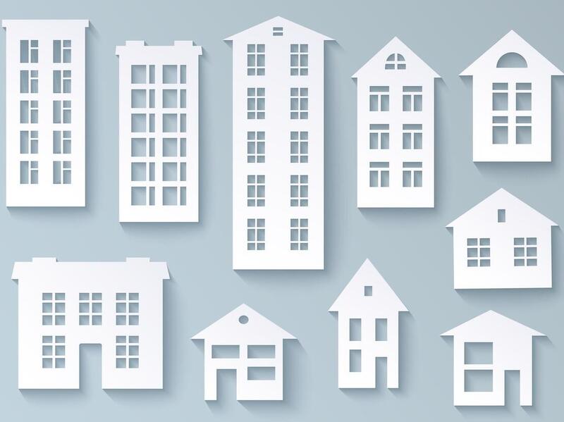 Drawing of a collection of facades of houses.