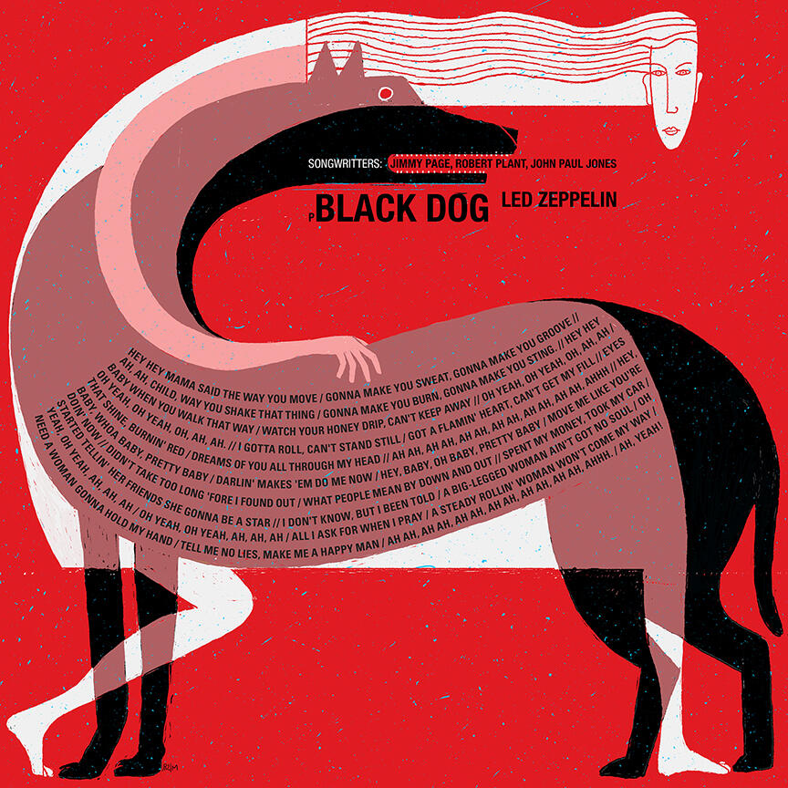 A picture of a woman with a black and brown dog with the lyrics from Led Zeppelin's “Black Dog” on top of it