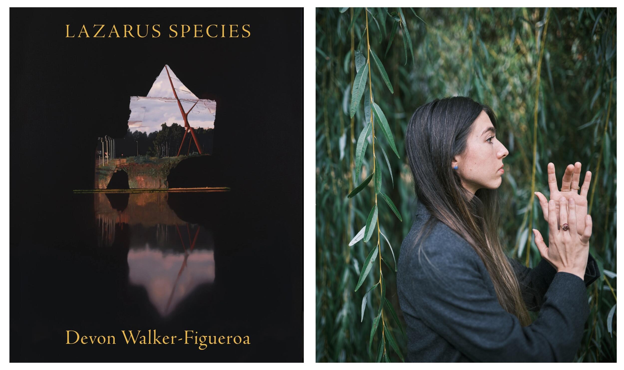A photo of a book cover next to a photo of a woman. The book cover says \"LAZRUS SPECIES\" \"Devon Walker-Figueroa.\" 