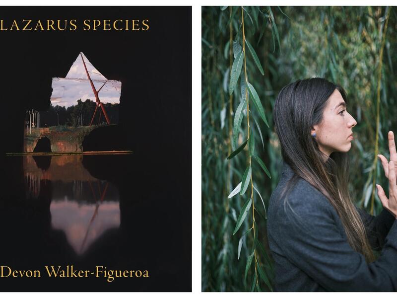 A photo of a book cover next to a photo of a woman. The book cover says \"LAZRUS SPECIES\" \"Devon Walker-Figueroa.\" 