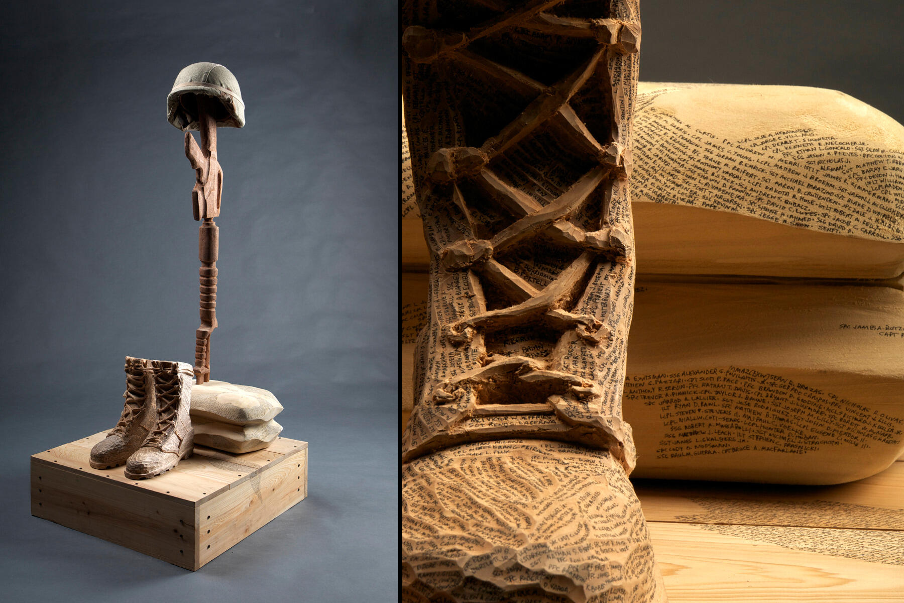 For "Fallen Soldiers," Dietz has handwritten the 6,831 names of the U.S. service members who have died in Irag and Afghanistan since Oct. 10, 2001. "Some people I know are on there," she said. "It took a long time to write some of those names. It's a penance for me, a healing process."