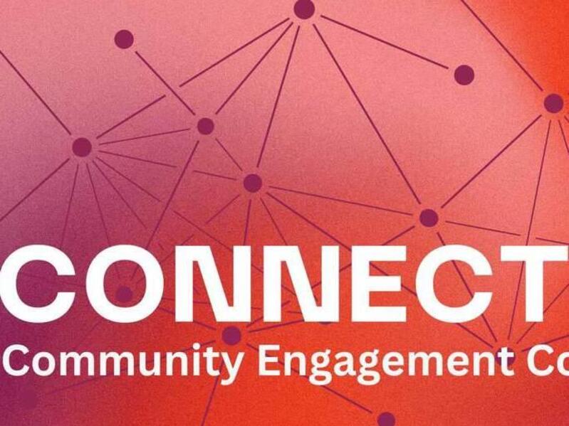 Red and purple tye dye pattern covered in lines connecting dots. Text reads \"CONNECT: COMMUNITY ENGAGEMENT CONFERENCE\" 