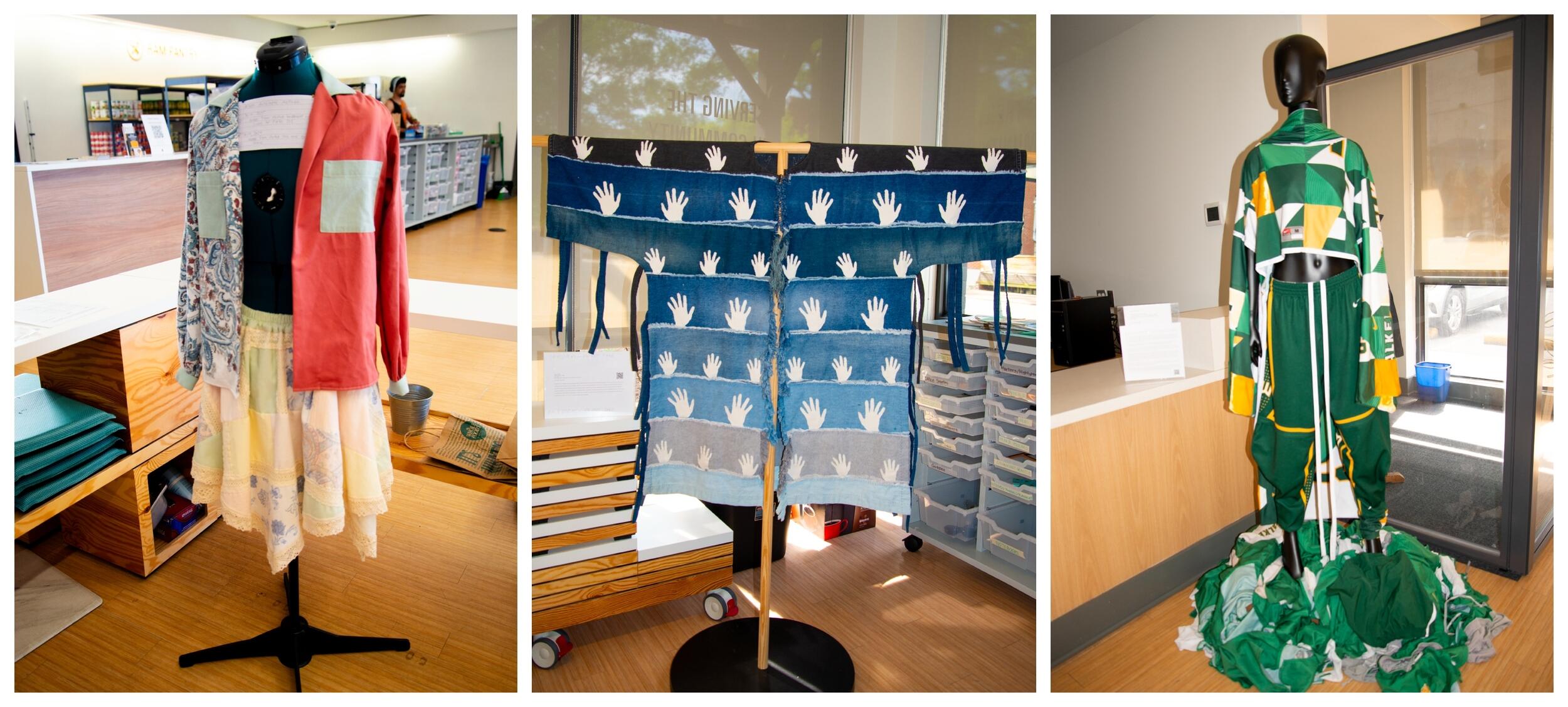 Three photos side by side. The first shows a jacket and skirt on a dress form. The second shows a blue kimono style jacket with white hand prints. The third shows a mannequin wearing a green and yellow outfit. The mannequin is standing on top of a pile of green clothing. 