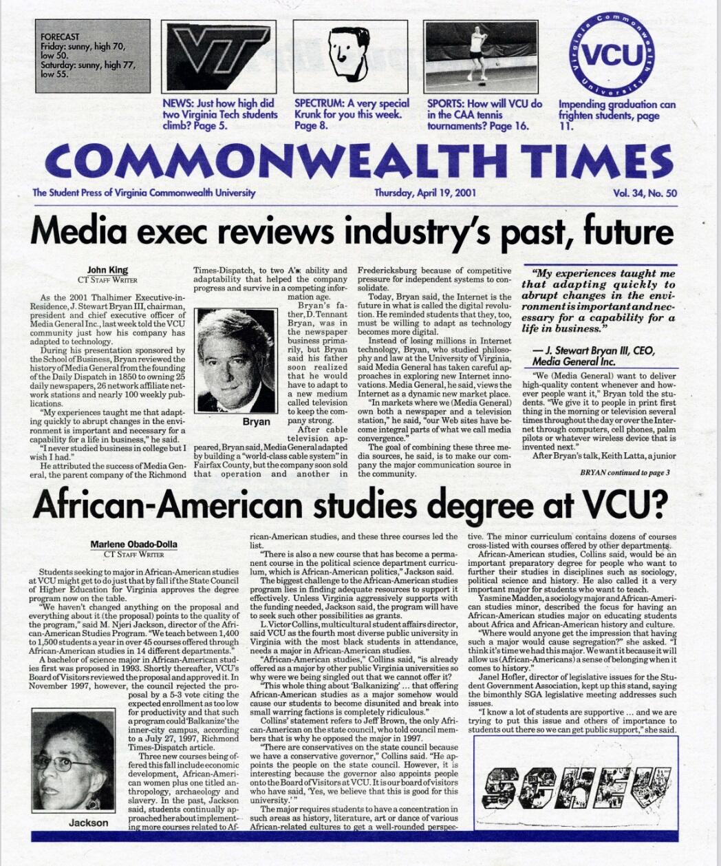 The front page of a newspaper. The second article on the page is titled \"African-American studies degree at VCU?\"