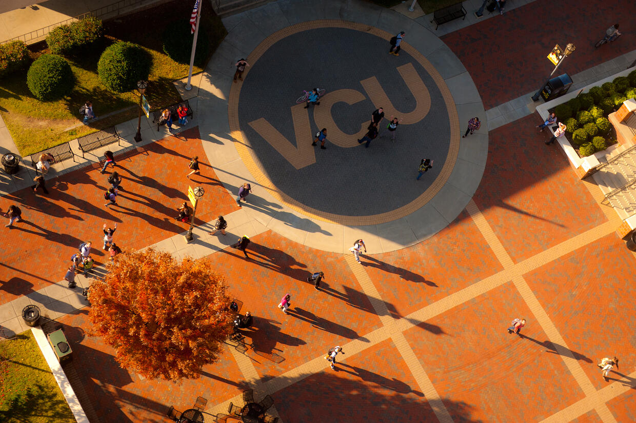 An aerial view of the Student Commons plaza