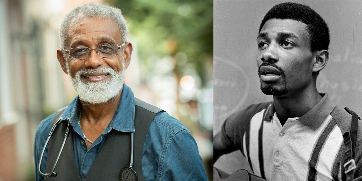 On the left is a portrait of a man wearing glasses, a blue button up shirt, a gray vest, and a stethoscope around his neck. On the right is a black and white photo of a man wearing a polo shirt. 